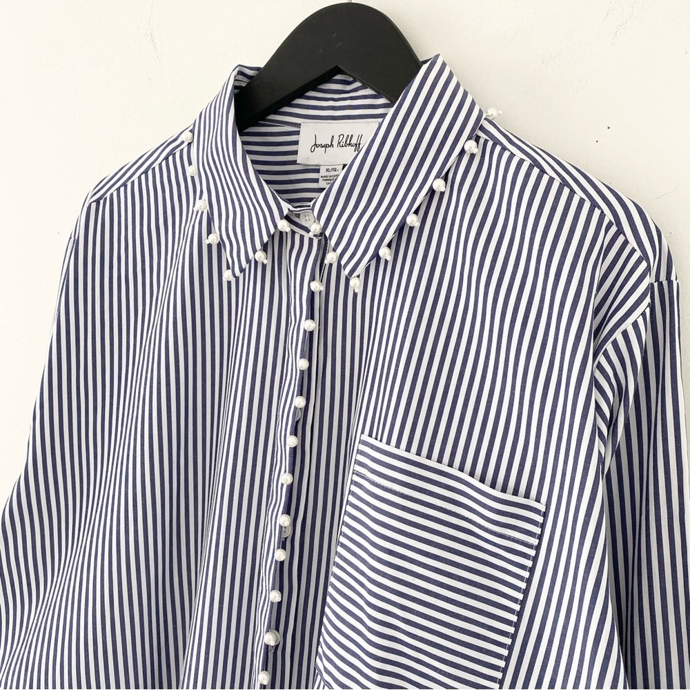 Joseph Ribkoff Striped Button-Up Shirt with Pearl Embellishment